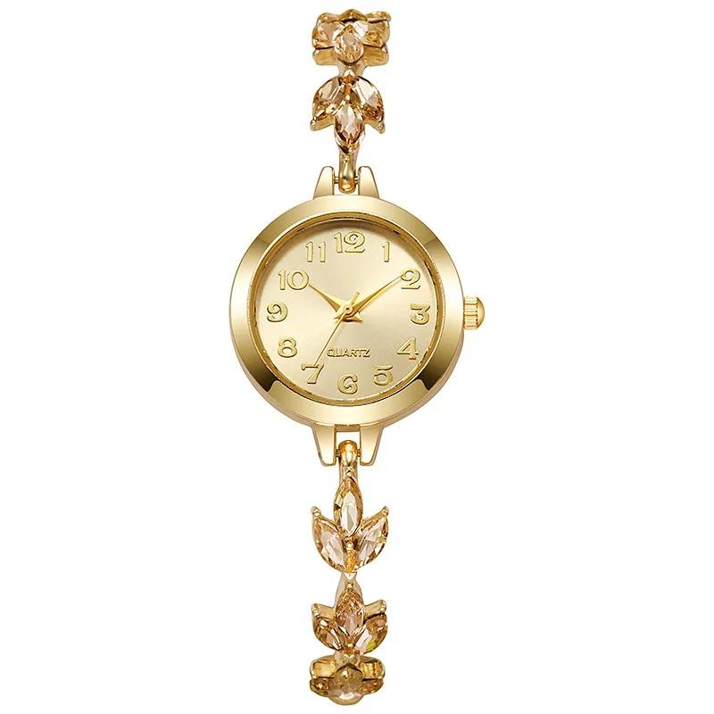 Round Alloy Case Arabic Numeral Classic Dial Leaf-shaped Diamond-encrusted Fashionable Bracelet Elegant Ladies Quartz Watch