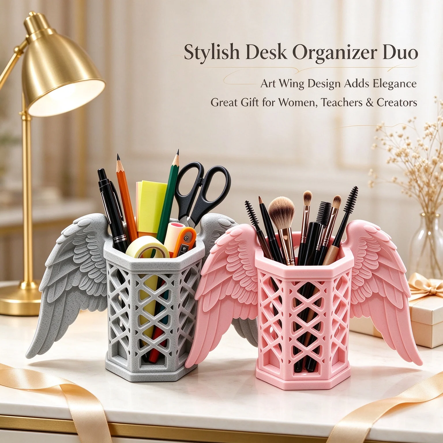 Unique Angel Wing Desktop Organizer Hollow Pen Makeup Brush Holder for Home Office Desk Dorm Room Display