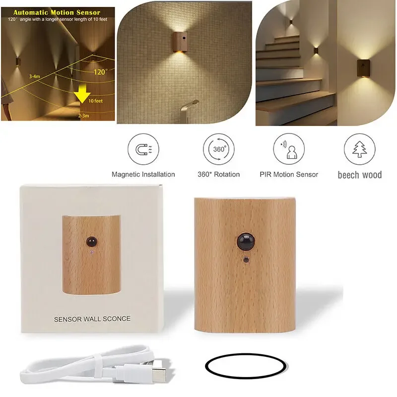 Wireless LED Motion Sensor Induction Light USB Rechargeable Beech Wood Stair Wall Warm White Lamp for Home Bedroom Closet