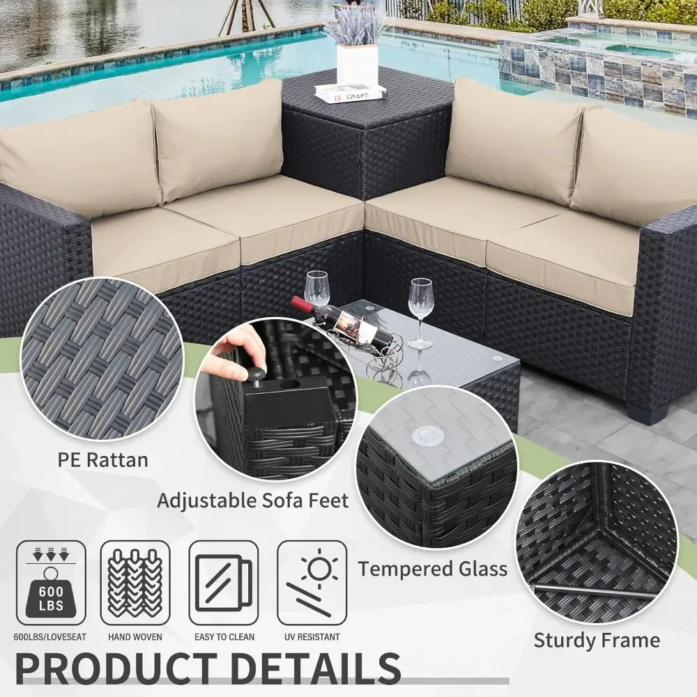 4 Piece Rattan Sectional Conversation Couch Set with Storage Box Glass Top Table and Anti-Slip Cushion, PE Wicker Furniture Set