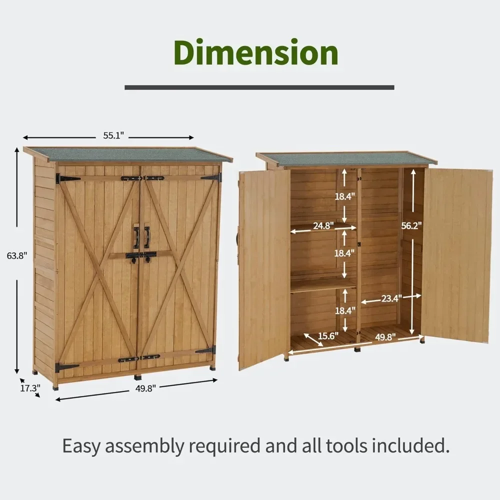 Outdoor Storage Cabinet, Wood Garden Shed, Outside Tool Shed, Vertical Organizer Cabinet with Double Lockable Doors for Outside