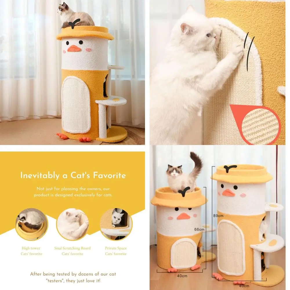 

Многофункциональное кошачье дерево и домик с милой желтой утиной тематикой для кошек до 75 кг — простая сборка, большой кошачий замок для комфорта и