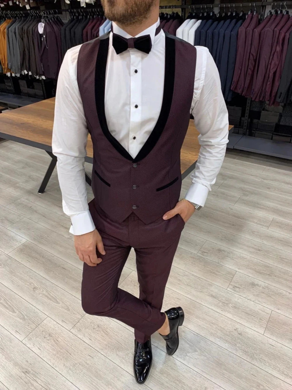 Wine Red Suit Set 3 Pieces For Men Banquet Party Wear,Spring Autumn Men's Slim Fit Tuxedo Dancing Sets,2026 Newest Man Suits