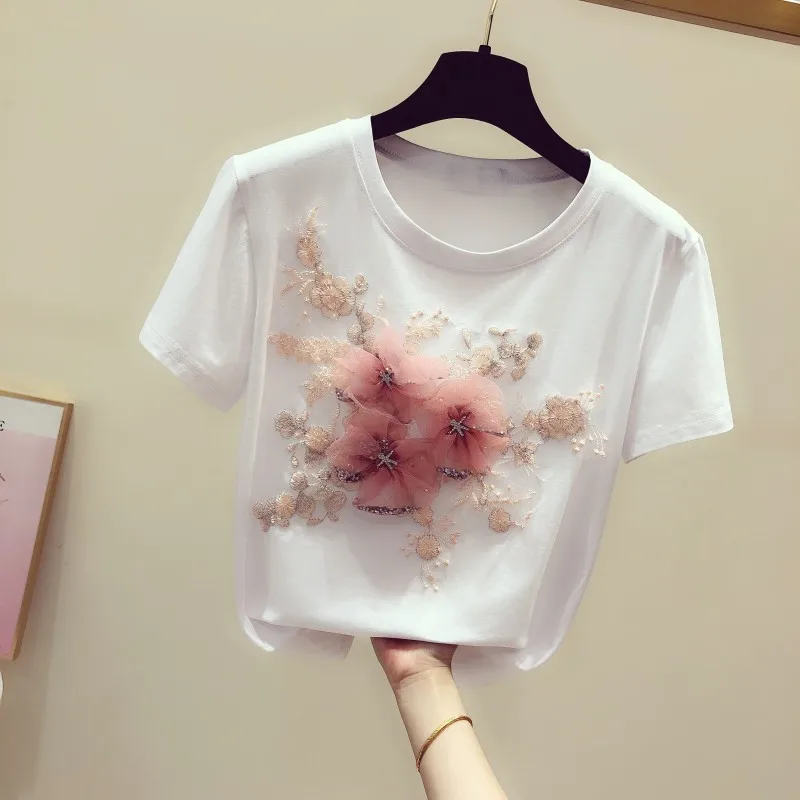 

Women's Flower Embroidery O-Neck Short-Sleeved Tops, Lady Elegant Pulls, Top Quality Tees, Summer, New, 20252