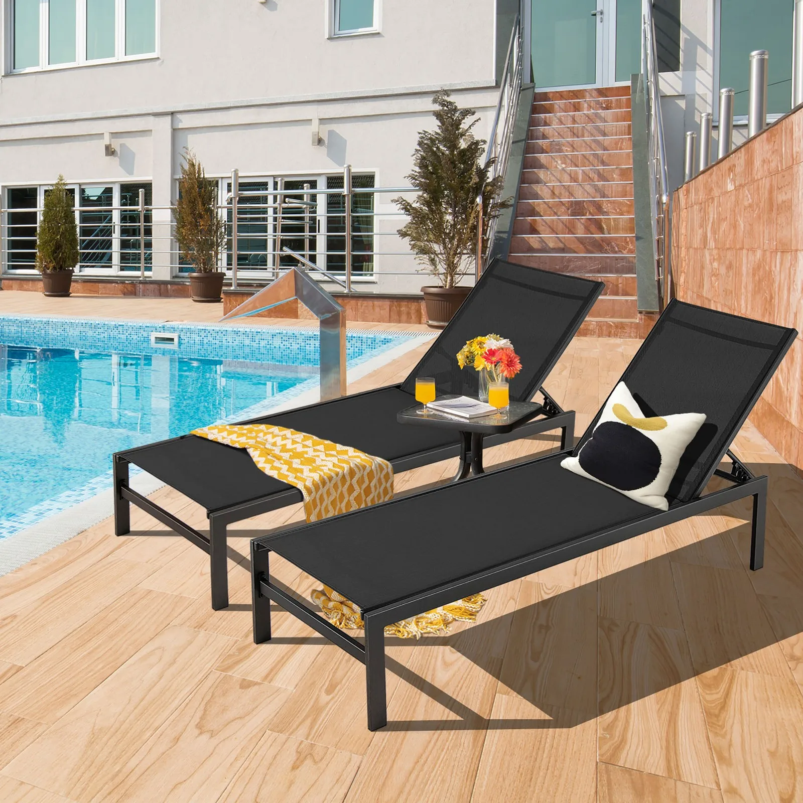 

2PCS Patio Chaise Lounge Adjustable Lounge Chair W/ 6-Position Backrest Black