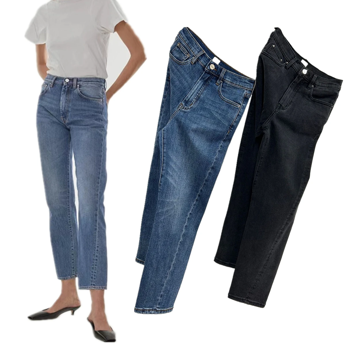 Dave&di Minimalist And Fashionable Women's High Waisted Elastic Twisted Leg Straight Leg Cropped Denim Pants Jeans For Women