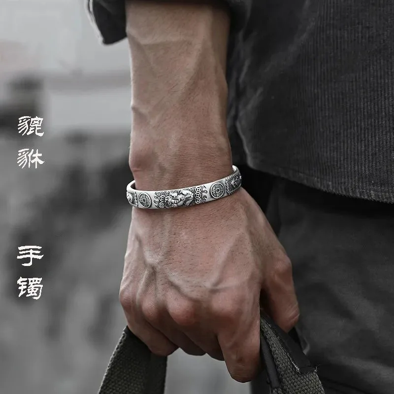 Retro Coin Pixiu Pendant Bracelet for Men 925 Silver Design Simple Chinese Dominance Adjustable Bracelet Jewelry