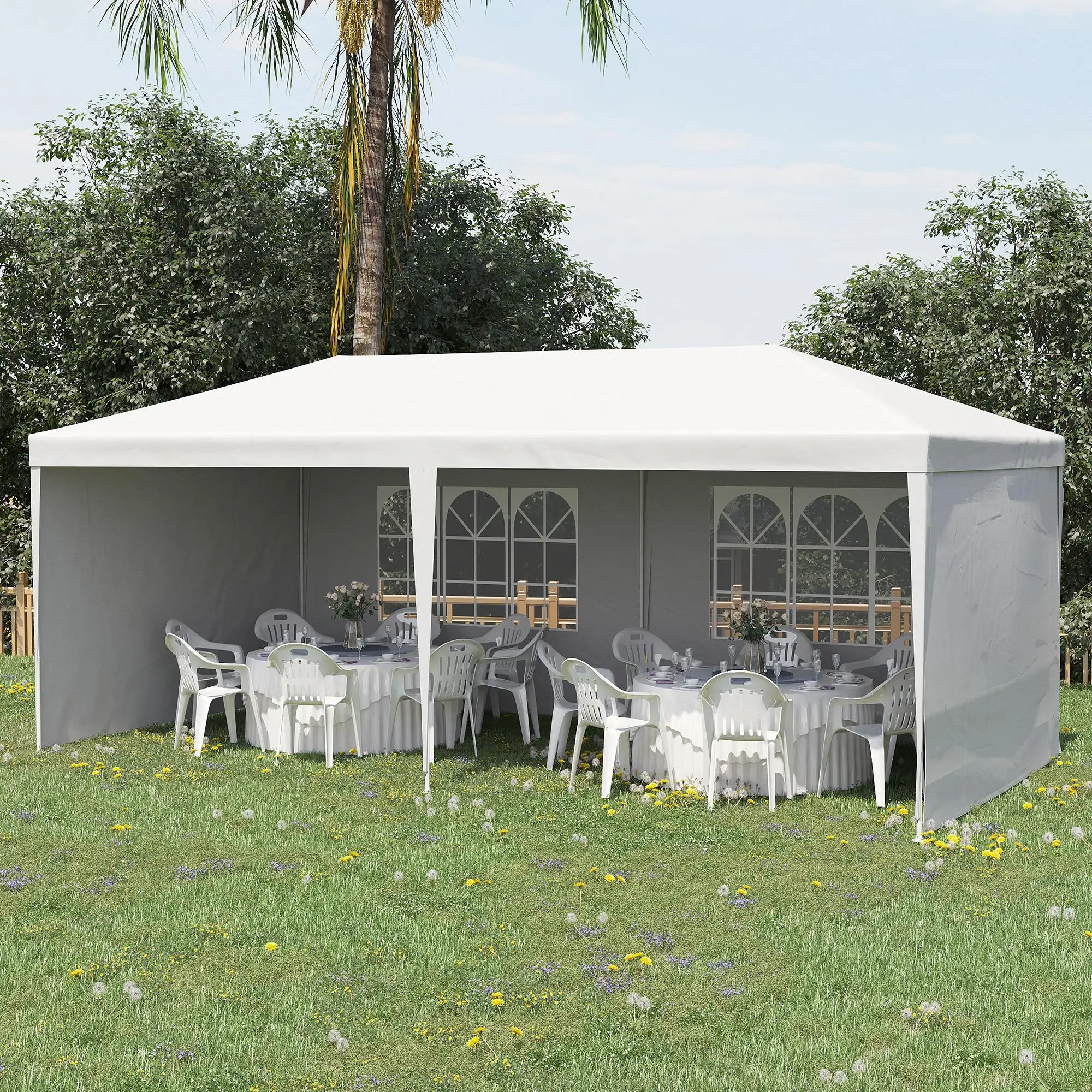 Gazebo de Jardín Outsunny de 6x3m con Paredes Extraíbles, 2 Ventanas, Estructura de Acero, Blanco