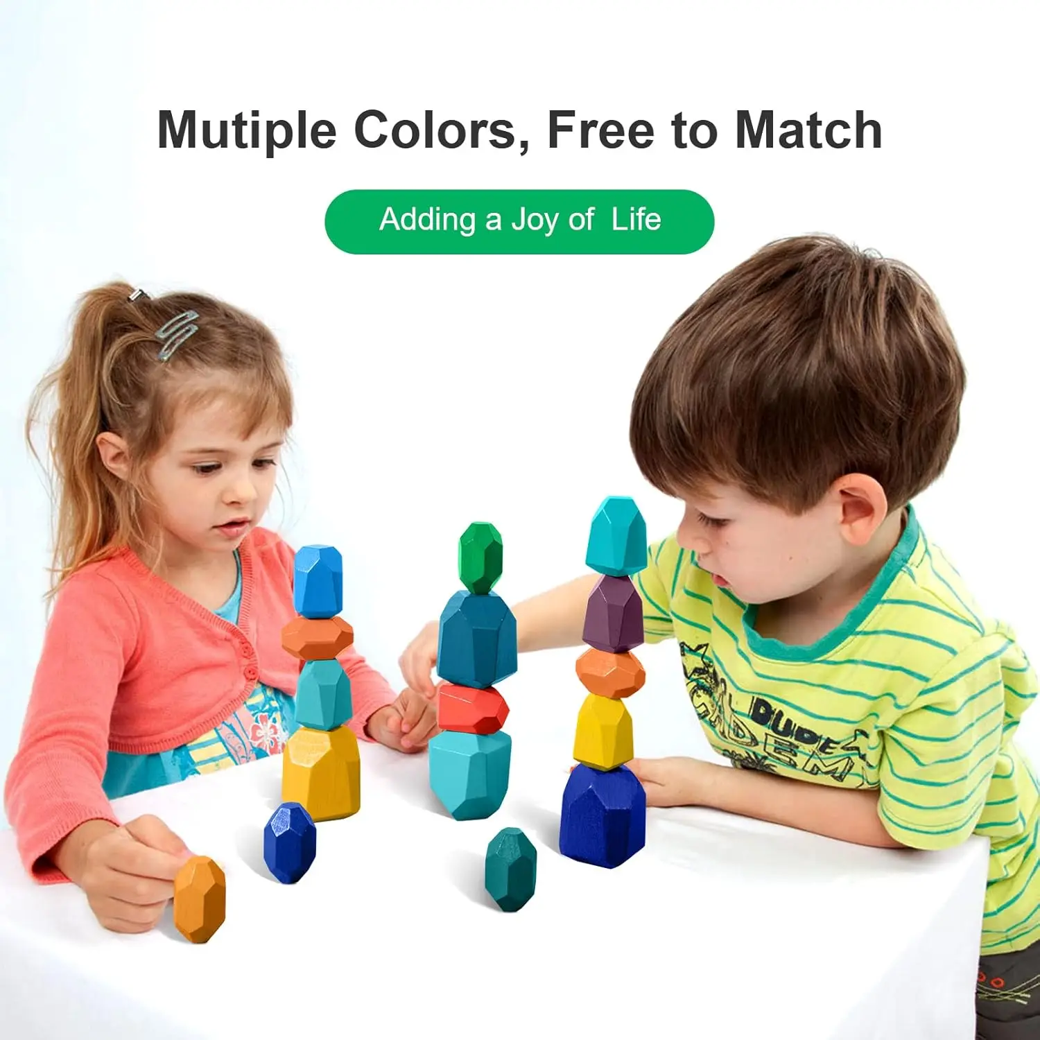 خشبية قوس قزح التراص الحجارة 16 قطعة فرز الخشب موازنة الصخور كتل مونتيسوري ألعاب تعليمية للأطفال الصغار 3 سنوات فما فوق