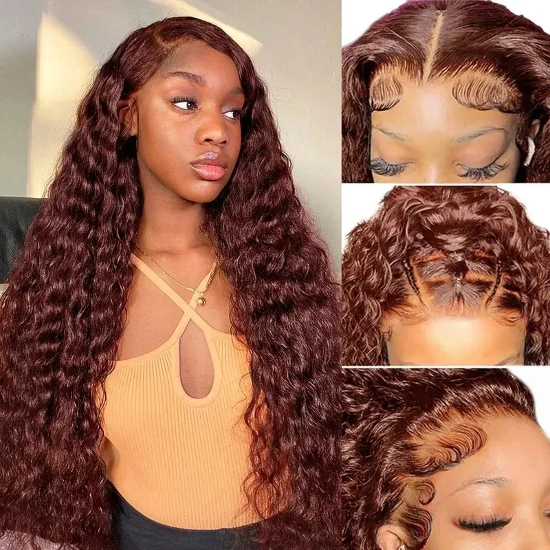 30 38 Inch Reddish Brown Deep Curly Pre Cut Human Hair Wigs 13x4 13x6 Deep Wave Lace Frontal Wig HD Fall Color Wigs For Women