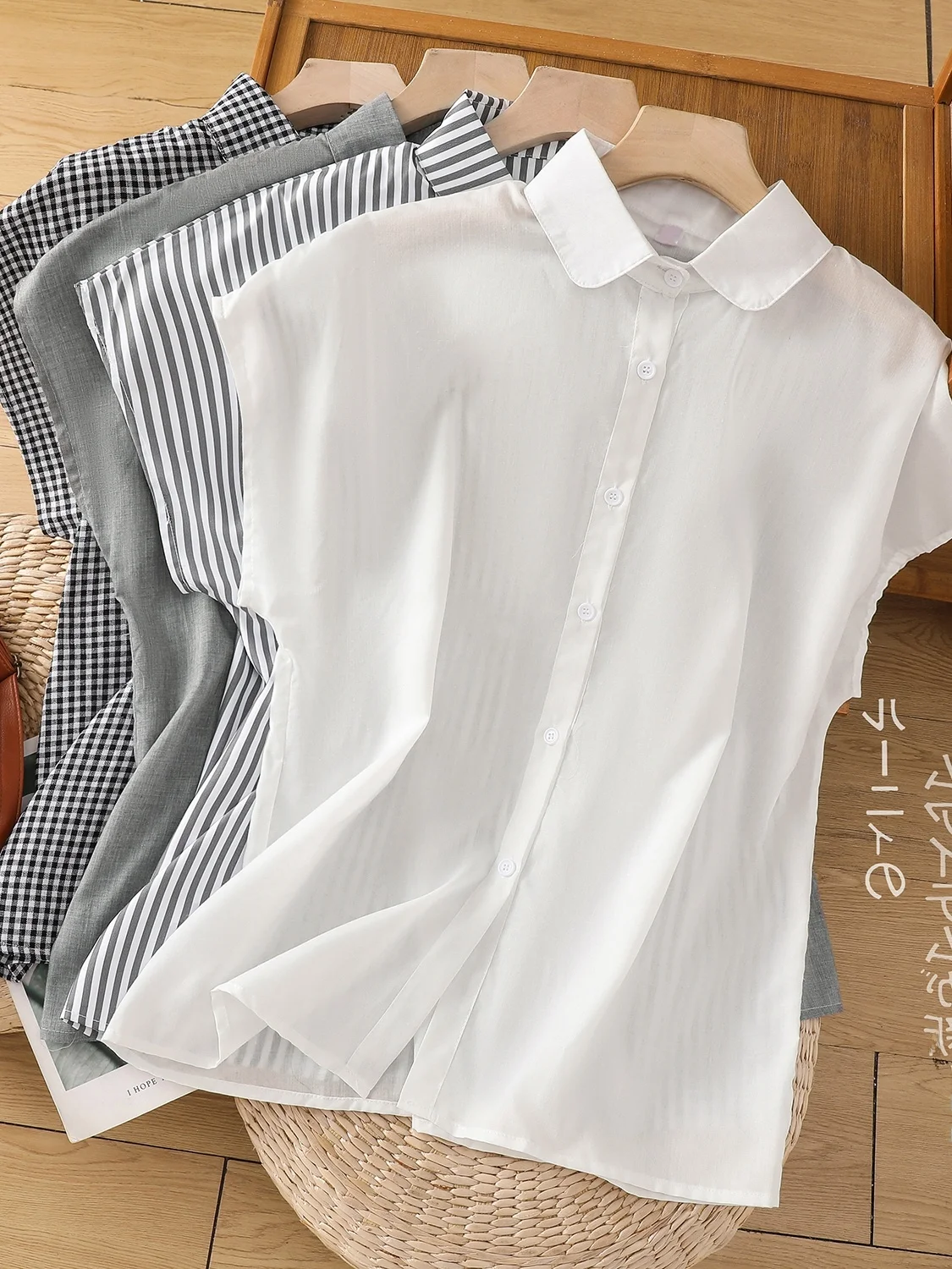 

Summer Women's Loose Cotton Linen Stripe irt Sli Upper Body Trendy ort Sve Button Detail Collar Regular Length