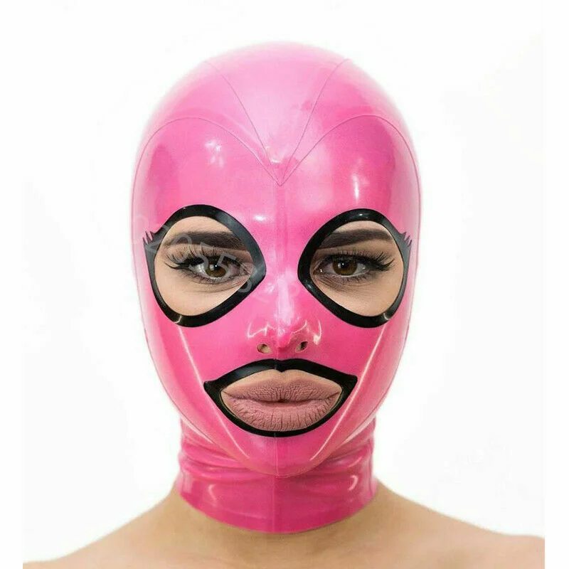 Natural Latex Hood Mask Cosplay Pink Latex Hood Open Beautiful Eyes and Mouth With Trims Back Zipper Rubber Mask Club Wear