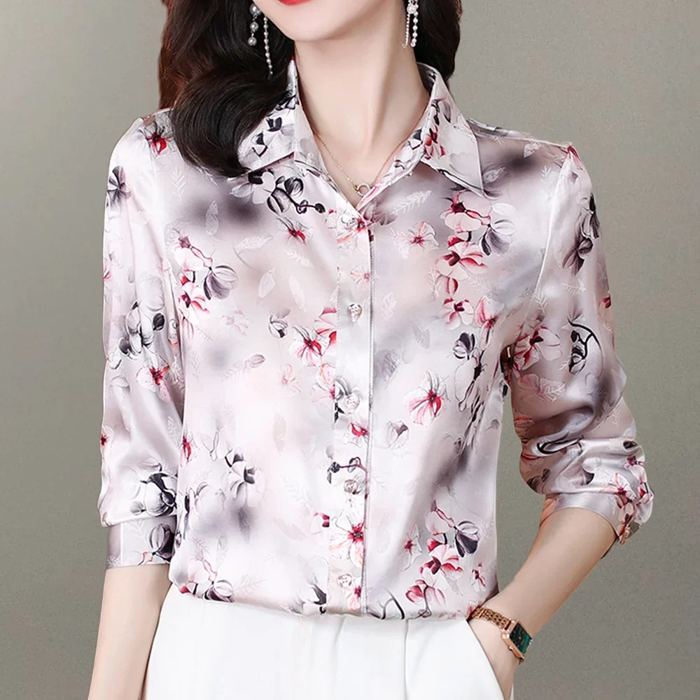 Fashion Flower Printed Women Shirts Long Sleeve Casual Satin Blouses Women Vintage Silk Shirts Tops 2024 LU26