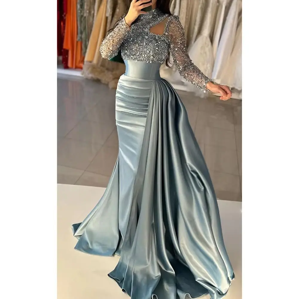 Gorgeous Beading Evening Dress for Pretty Women Long Sleevele Chapel Train High Neck Pleat Prom Gowns Special Occasion Mermaid