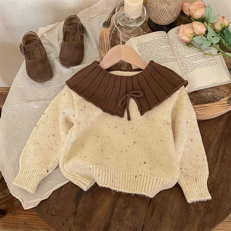 

Thicked Girls' Sweater Set Spring and Autumn New Children's Long Sleeved Knitted Pullover Tops Casual Elastic Flare Pants