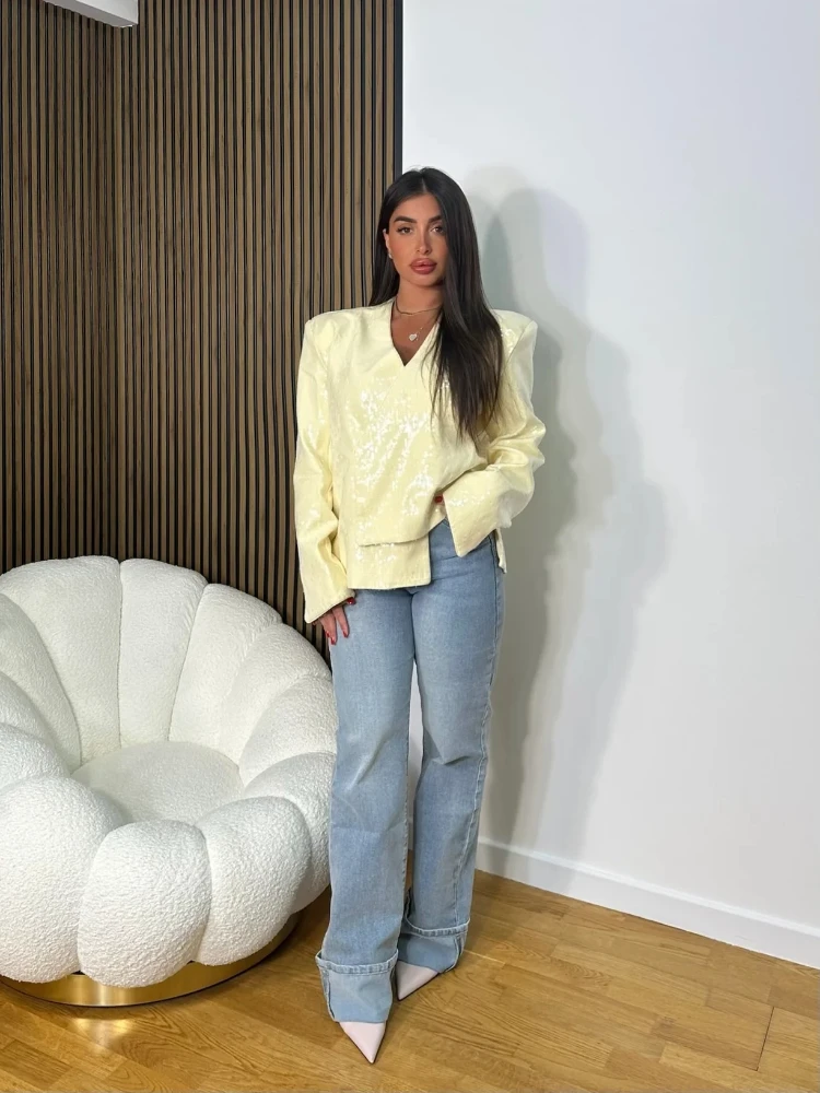 

Fashion V-neck Sequin Coat Women Elegant Full Sleeve Loose Fit Irregular Jacket 2025 Summer Autumn Lady Chic Casual Jackets