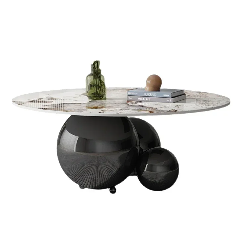 

Minimalist Stainless Steel Black Titanium round Tea Table Living Room Home Stone Plate Tea Table