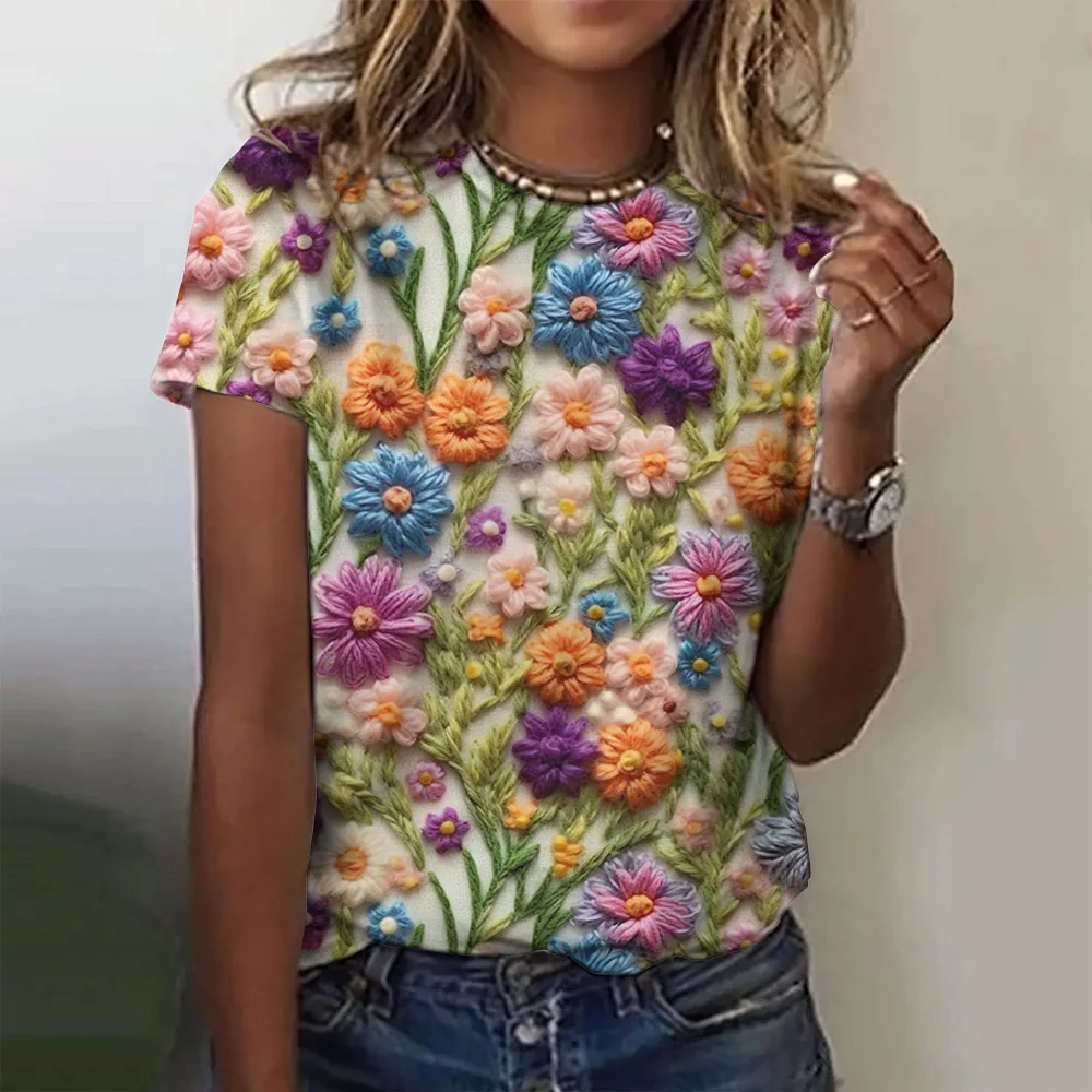 

New Colorful Flower T-Shirts Floral 3D Print Women's Summer O-Neck Short Sleeves T Shirt Y2k Harajuku Tees Tops Female Clothing