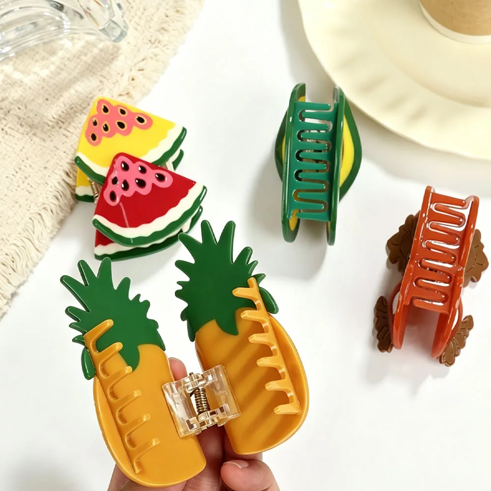 ZAMBEYA Cute Fruit Hair Claw Clip, Rhinestone Watermelon Pineapple Avocado Persimmon Acrylic Shark Clip, Summer Cartoon Jaw Hair