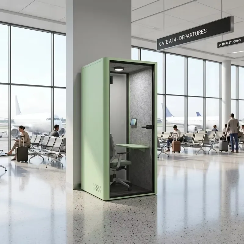Mobile Acoustic Phone Booth Meeting Pod on Caster Wheels Noise Reduction Felt Interior Glass Panel for Corporate Lobby Airport
