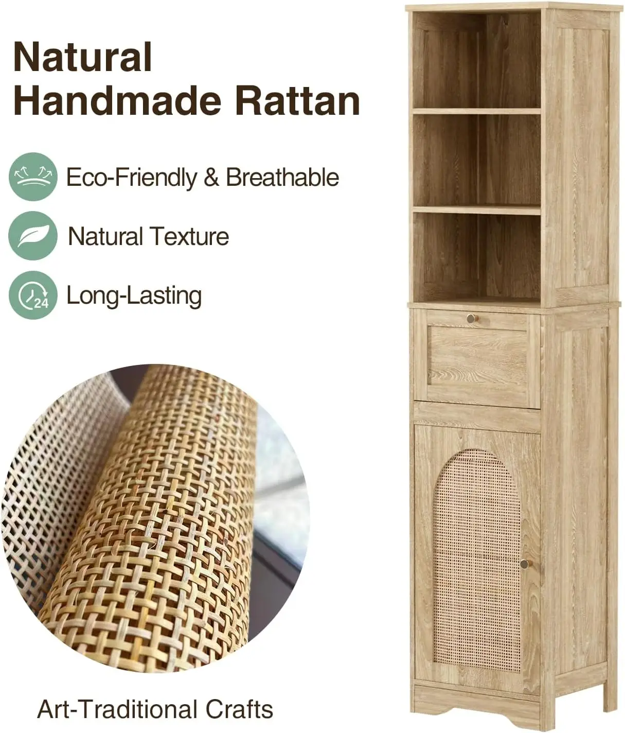 خزانة حمام من الروطان الطبيعي مقاس 67 بوصة مع أرفف قابلة للتعديل