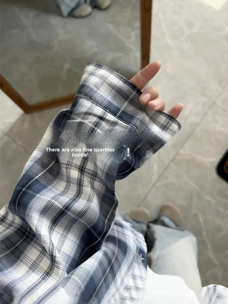 

Мужская рубашка с длинным рукавом в кобальтово-синюю клетку, винтажный американский дизайн, верхняя одежда для пар, повседневная свободная модель из полиэфирного волокна