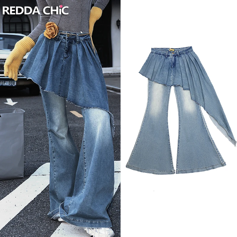 

ReddaChic Джинсовые брюки для женщин Американские ретро расклешенные джинсы с длинным хвостом Прямые широкие брюки с широкими штанинами