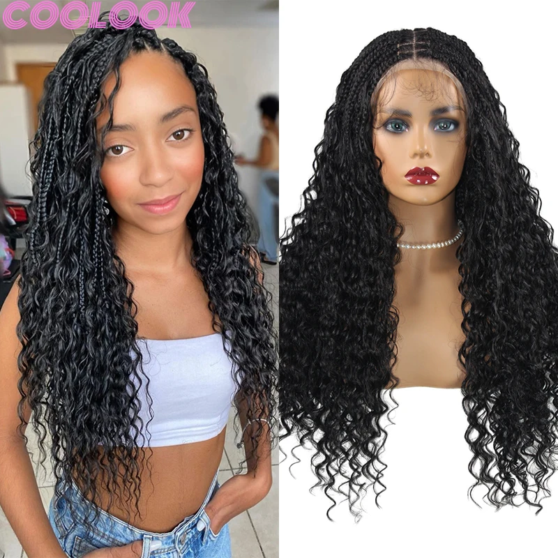 

Black Full Lace Synthetic Braided Wigs 24 Inch Bohemian Deep Wave Braids Lace Frontal Wig with Curly Ends Goddess Box Braids Wig