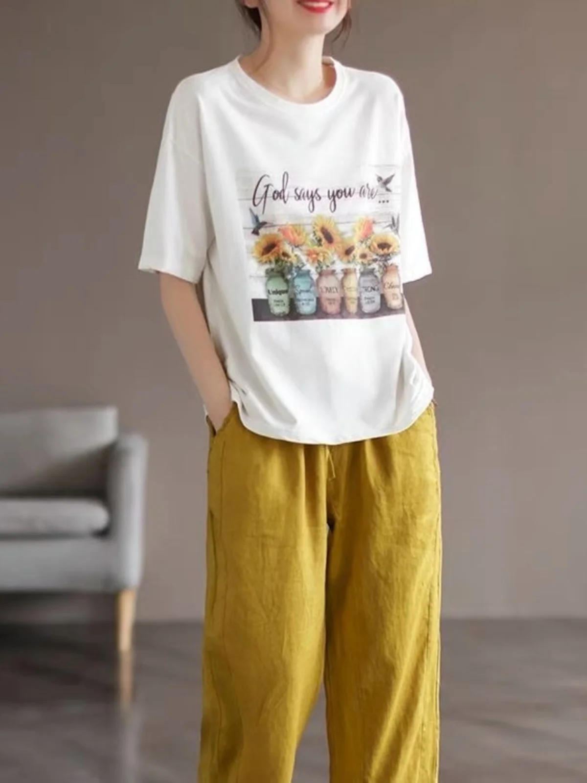 Summer 2025 Loose Fit Printed ort Sve T-irt Women's Faionable Agel Oversize Pullover Base irt Korean Sle