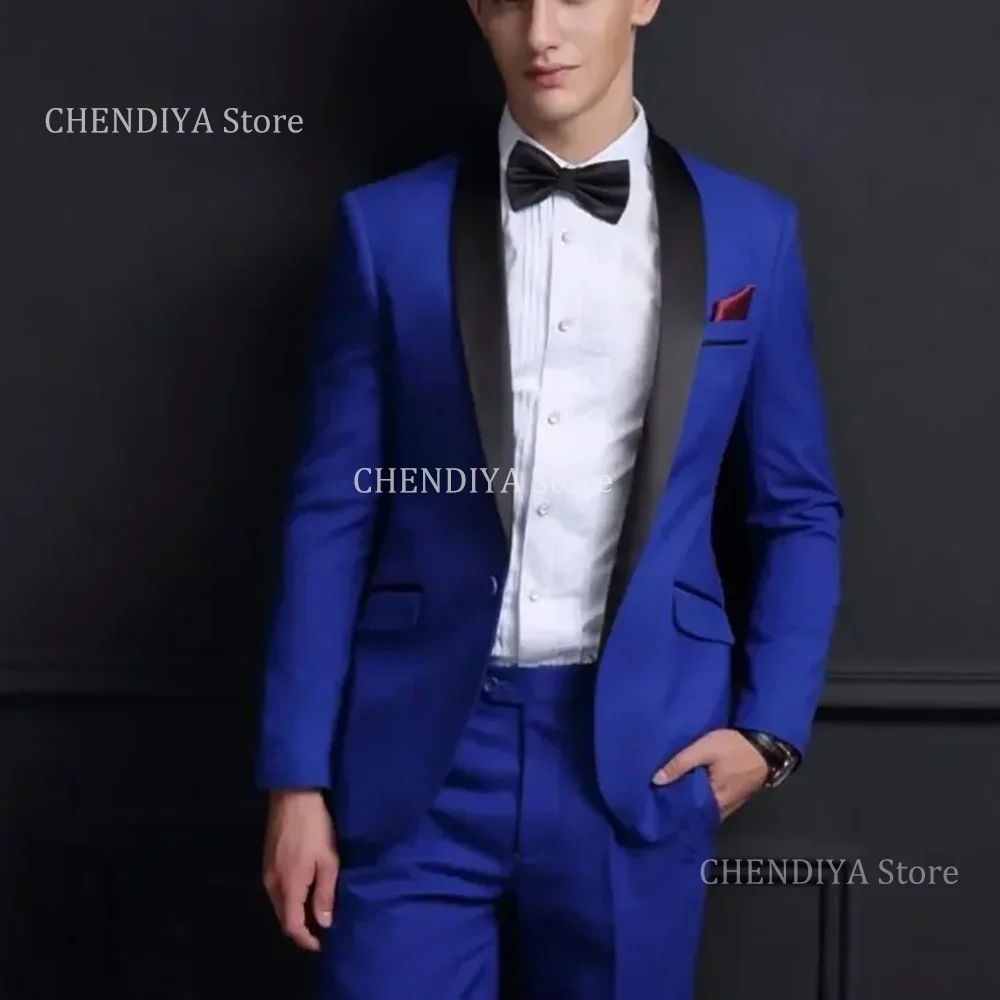 

High Quality Men's Suits Blue And Black Shawl Lapel Chic Single Button Skinny Outfits Wedding Prom Clothing 2 Piece Jacket Pants