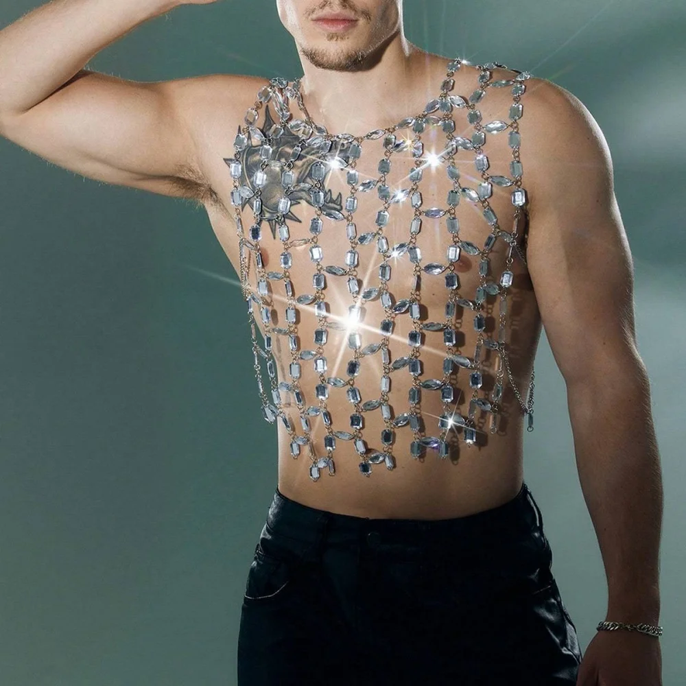 

Diamond See-through Vest Men Tank Tops Metal Chain Nightclub Shiny Heavy Men Clothes Backless Sleeveless Hollow Out T-Shirt 2026
