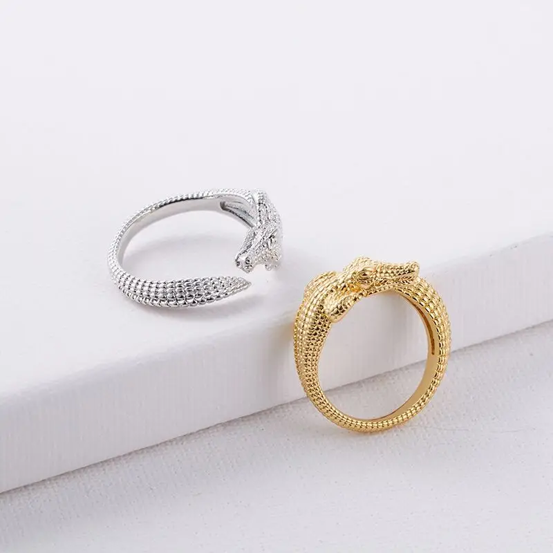 925 Sterling Silver Gold Plated Crocodile Rings for Women Men Fine Jewelry Finger Adjustable Vintage Ring Party Birthday Gift