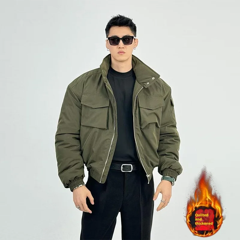 

Mens Short Bomber Jacket Winter Cotton Padded Coat Military Style Stand Collar Workwear Outerwear Parka