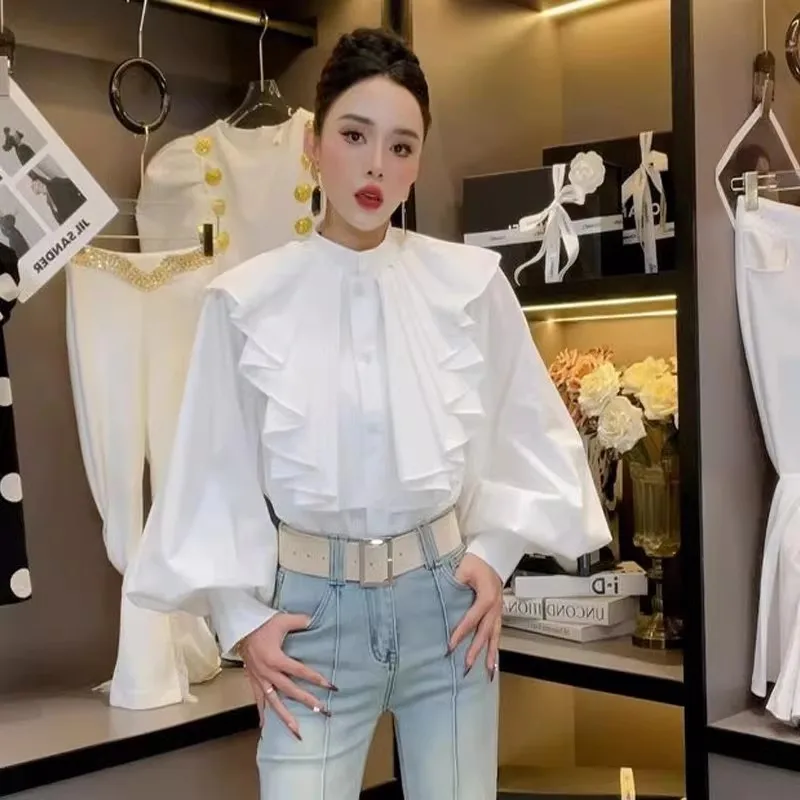 New Spring French Palace Style Ruffles Blouse Long Lantern Sleeve