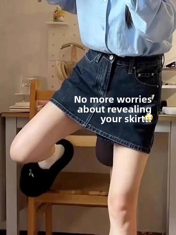 High Waist Denim  Skirt Women's Summer Anti-Light Flattering Slimming Butt Covering A-Line Short Skirt Pants