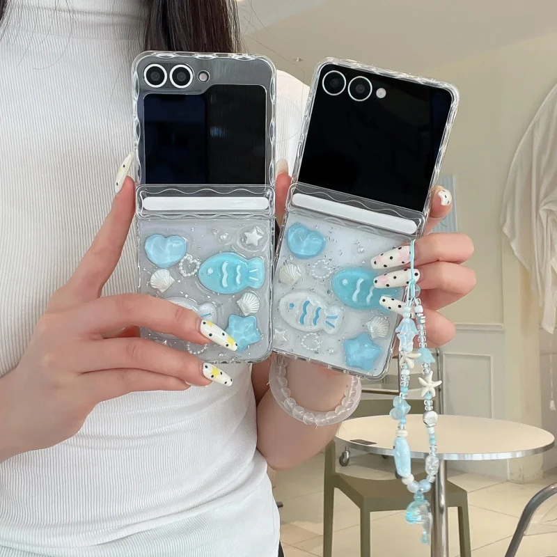 

Clear Glitter Cute Conch Shell Fish Phone Case For Samsung Galaxy Z Flip 7 6 5 ZFlip6 ZFlip7 Cover with Chain Korean Hinge Cases
