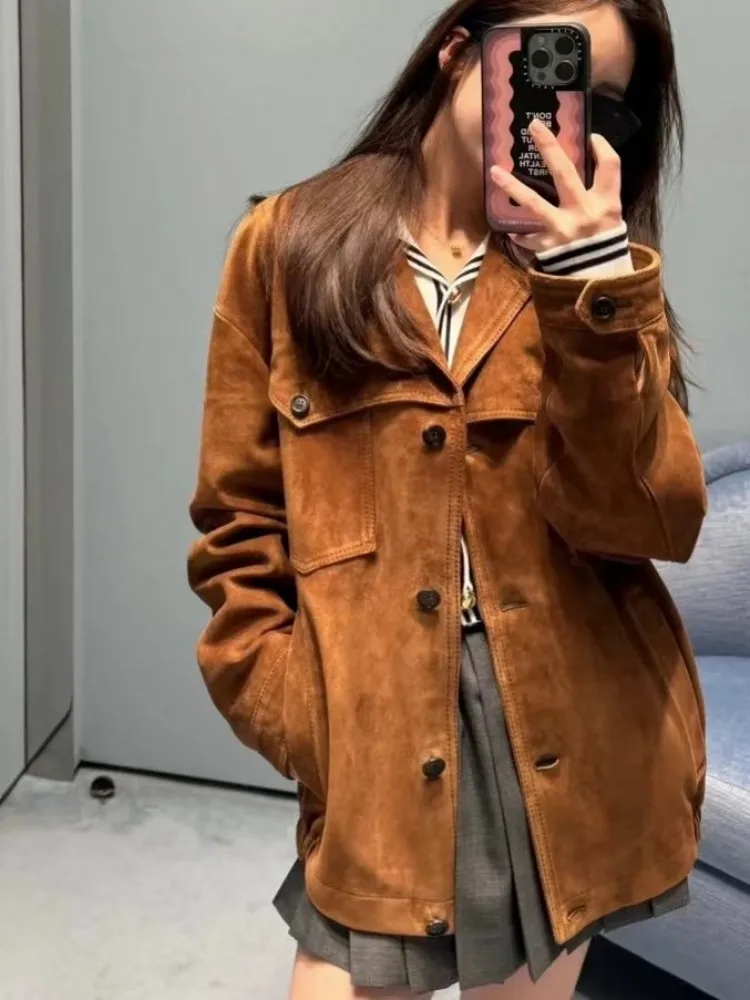 Jaket kulit domba asli wanita, jaket kulit asli Suede longgar kerah sebaris, mantel kasual Vintage musim semi musim gugur