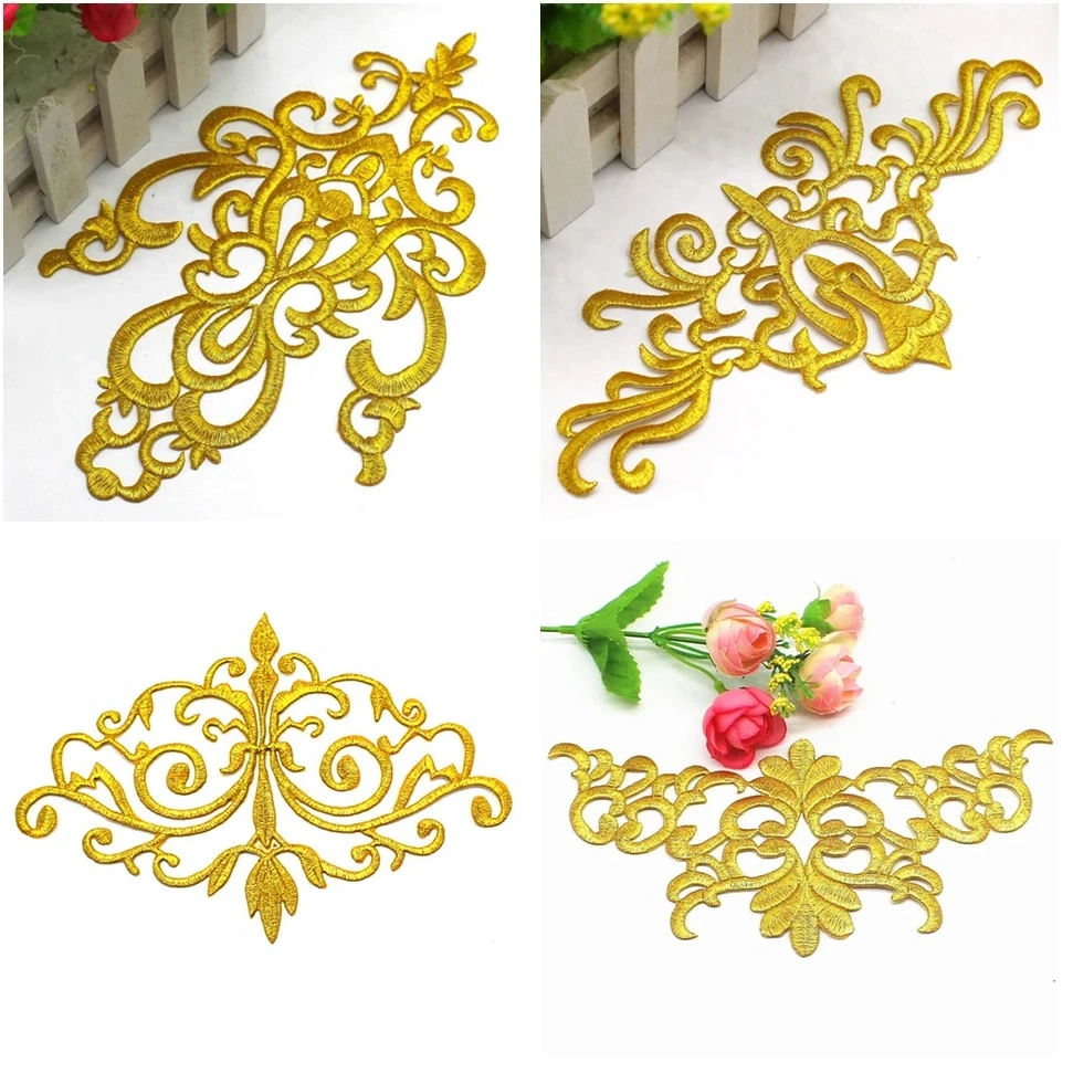 1 Piece Gold Embroidered Patches Baroque Style Iron On Flower Vintage Diy Trims Shiny Metallic Gold And Silver 20.5cm*10cm