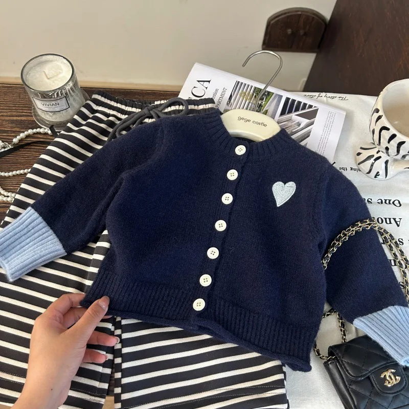 

Children's Clothing2025New Autumn Girls' Heart Sweater Cardigan Children's Stylish Striped Pants Two-Piece Set Trendy