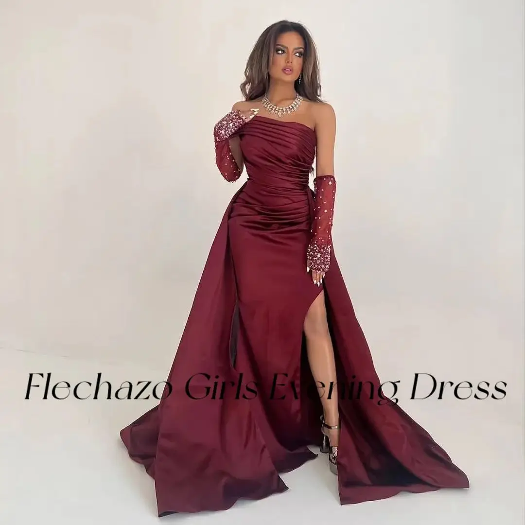 Vestido de fiesta Formal de satén sin tirantes para mujer, vestido de fiesta Formal con abertura de guante de cuentas brillantes, moda de belleza, vino tinto, 2024