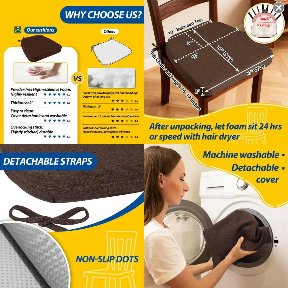 

Набор из 4 шт., 17x16 коричневых 2 толстых подушек для обеденного стула с завязками и моющимися чехлами.