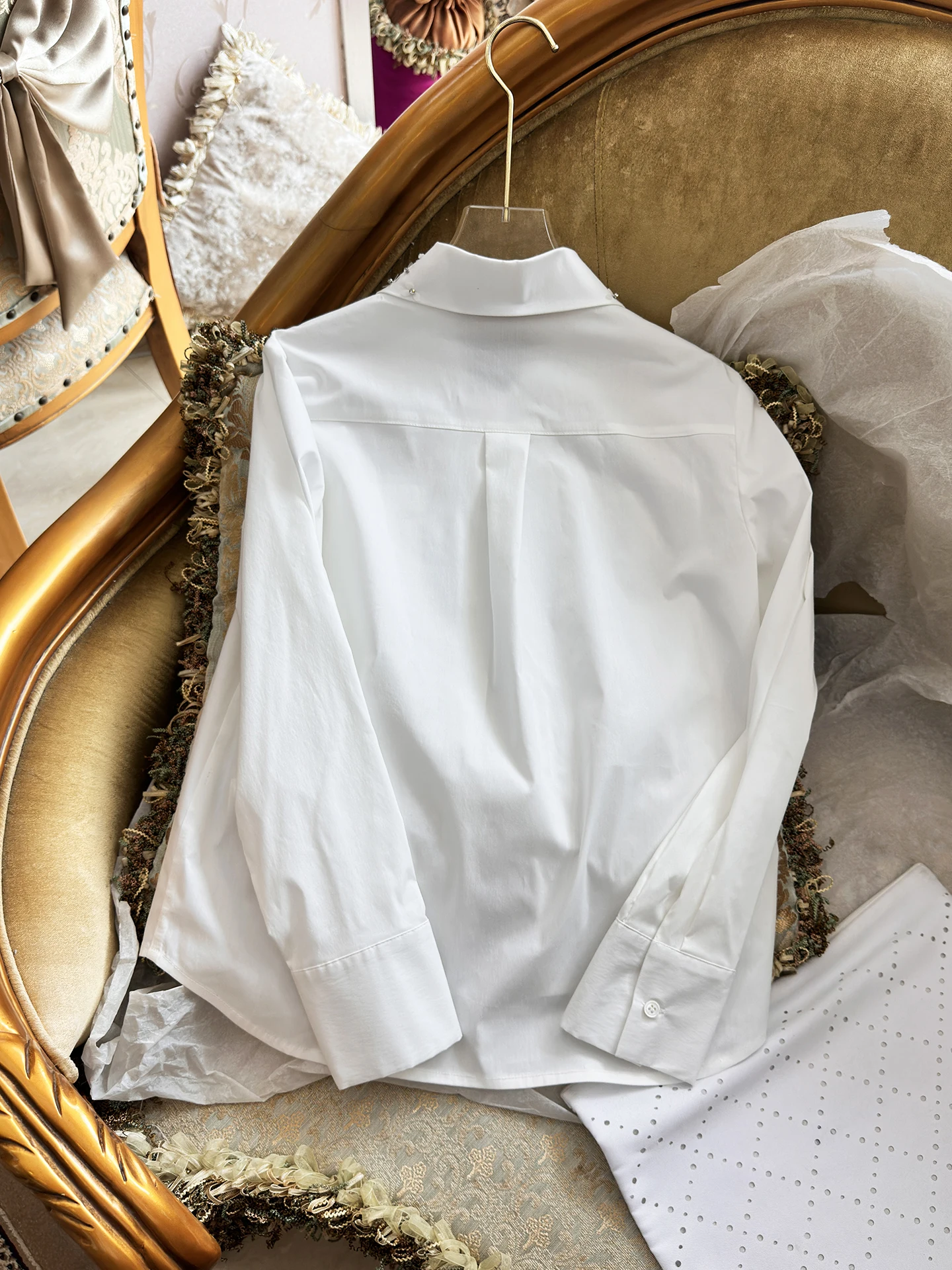 Fashion Elegant Heavy Industry Beading Sequin Doll Collar Long Sleeve Single-breasted Loose Versatile White Shirts Blouses Women
