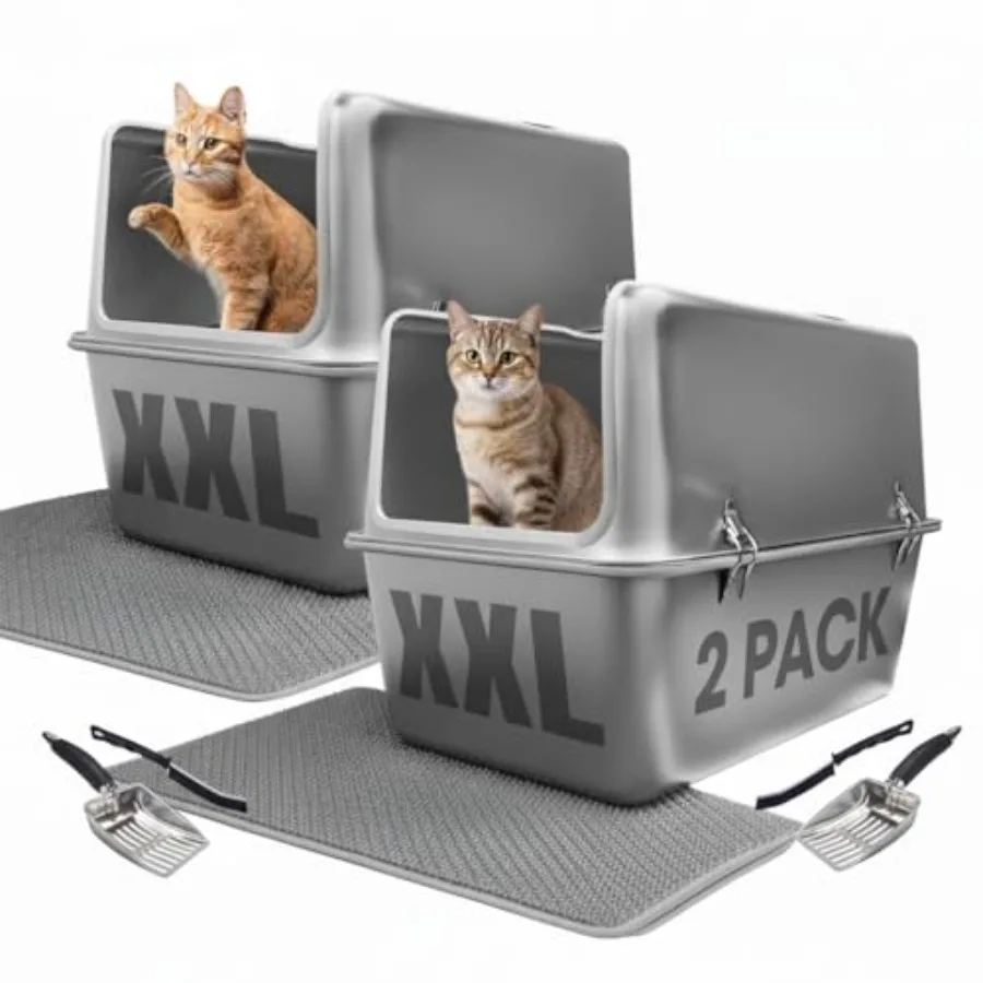 

2 Pack XXL All Stainless Steel Litter Box Lid 30L Enclosed 16" Tall Walls Leak Proof Seal NonStick Splash Guard Top Removable C