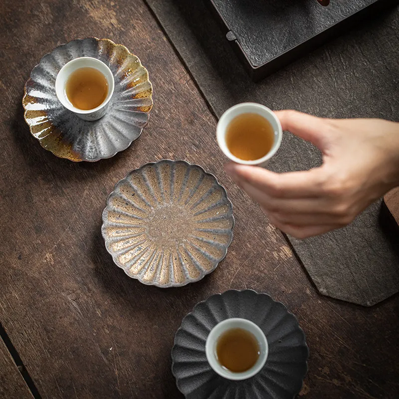Japanese-style Stoneware Tea Coaster Round Heat-resistant Pad Retro Ceramic Tea Cup Holder Accessory for Home Use Stone Coaster