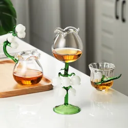 3D Bell Orchid Goblet Glass Spoon Set Wine Glasses Vintage Cocktail Champagne Glass Flower Tea Handmade Water Breakfast Milk Cup