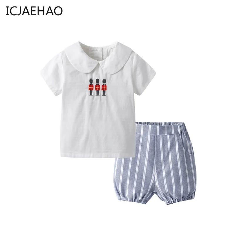 

ICJAEHAO Stripes Shorts Suits Kids T Shirts Pants Two-Piece Baby T-shirt And 2024 Newborns Baby Boys Cotton Set Embroidered Top