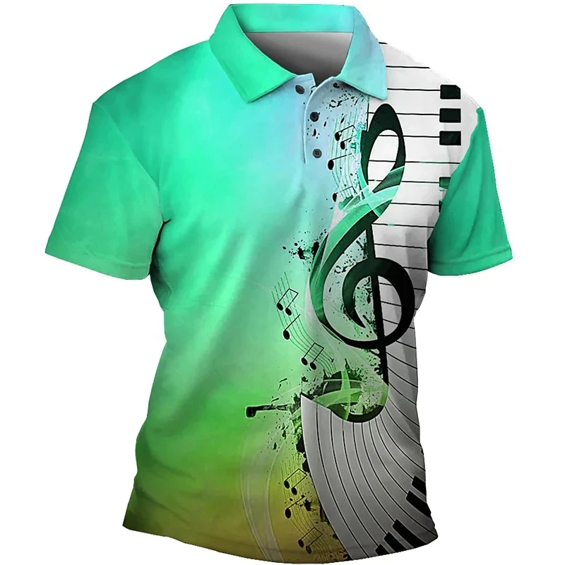 Music Note Pattern 3D Print Summer Men\'s Button Down Collar Polo Shirts Casual Short Sleeve Oversized Tops Fashion Men Clothing