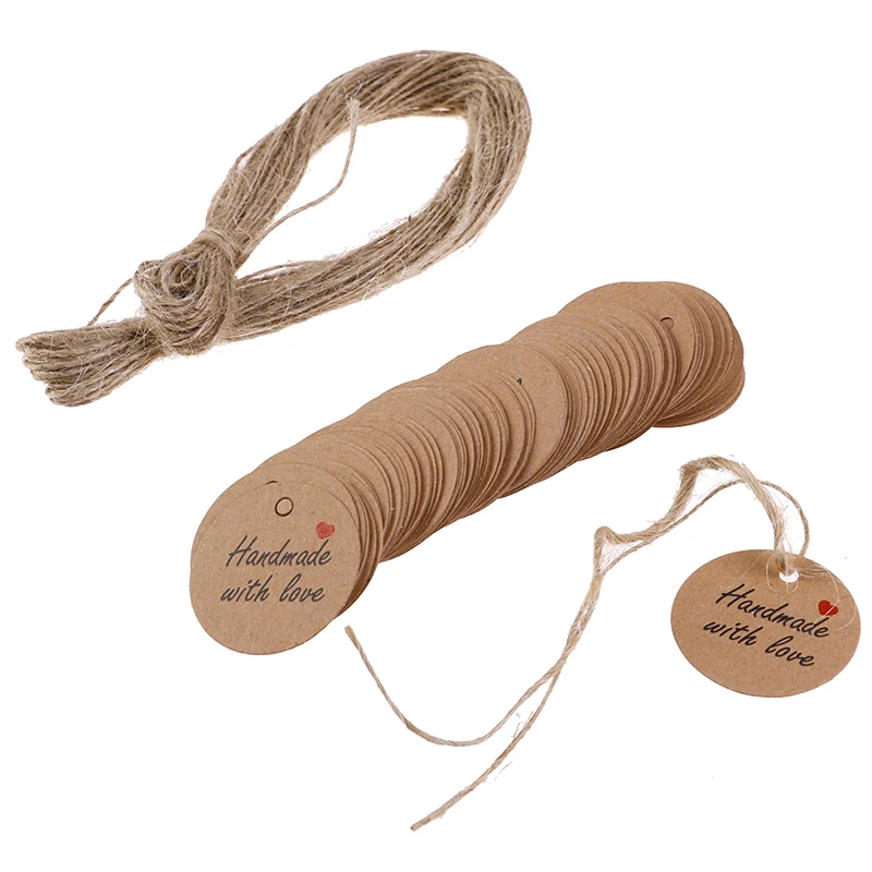 100pcs/lot Handmade With Love Labels Hang Tags Blank Kraft Paper With 20m String Tag Labels Party Favors Gift