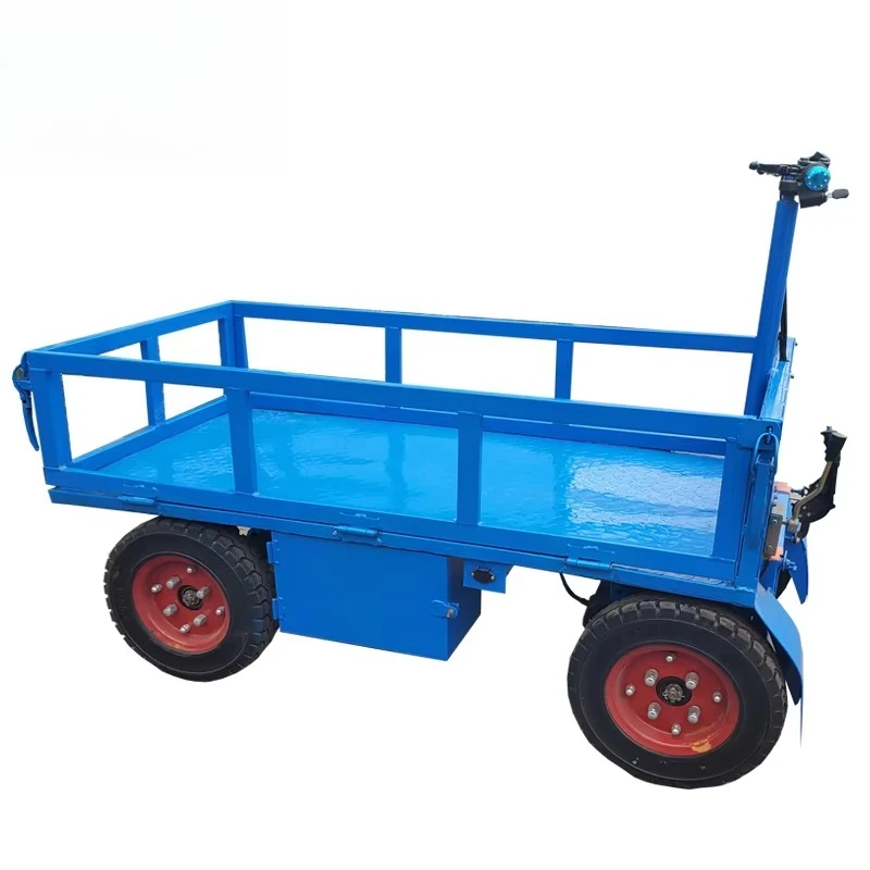 Warehouse handling Electric four-wheel flatbed truck Logistics Warehousing and hauling cycle Standing flatbed truck view 2