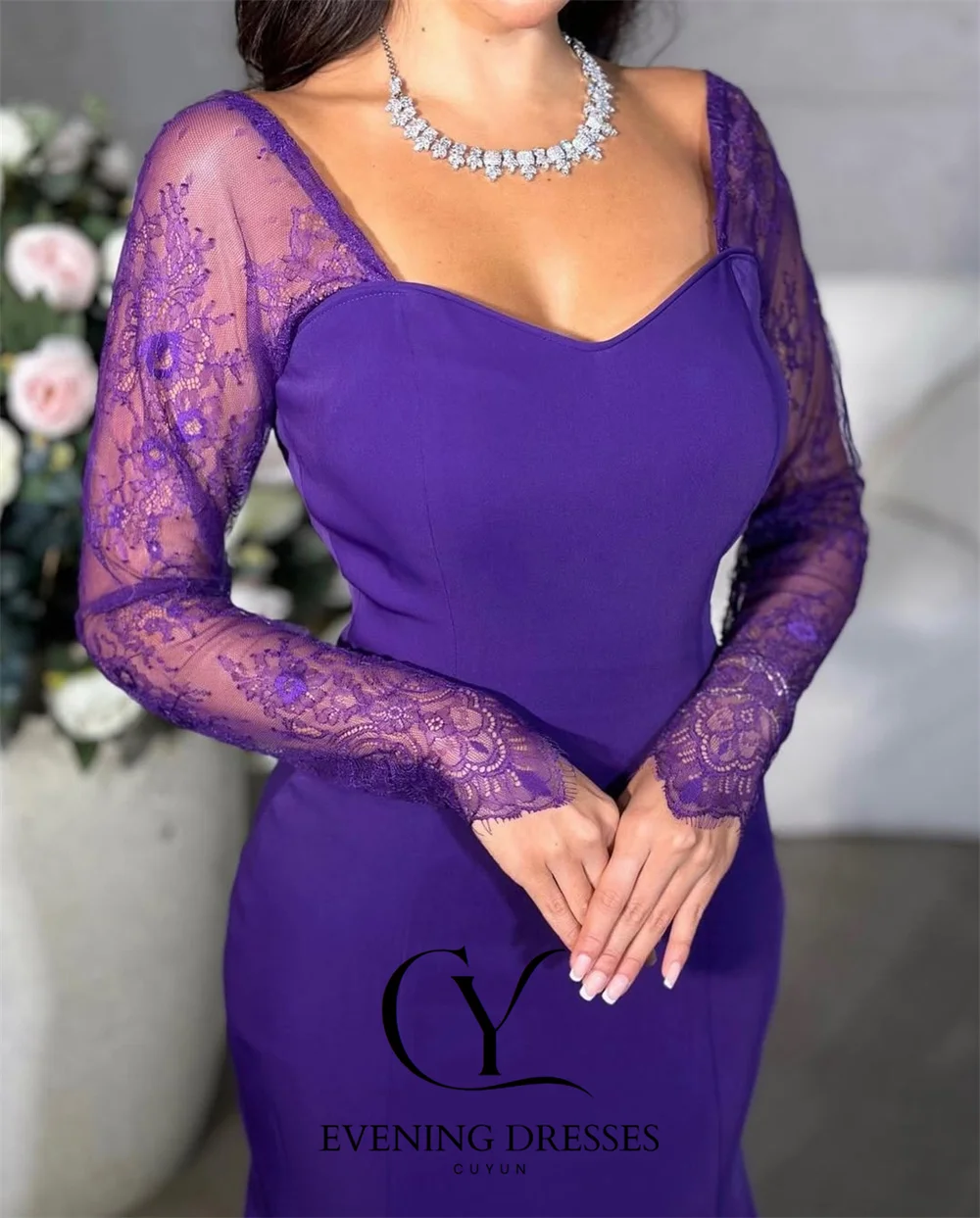 فساتين سهرة للنساء من CUYUN باللون الأرجواني الداكن حورية البحر من الدانتيل وأكمام طويلة متدرجة مطوي للحفلات فستان رسمي مخصص #6